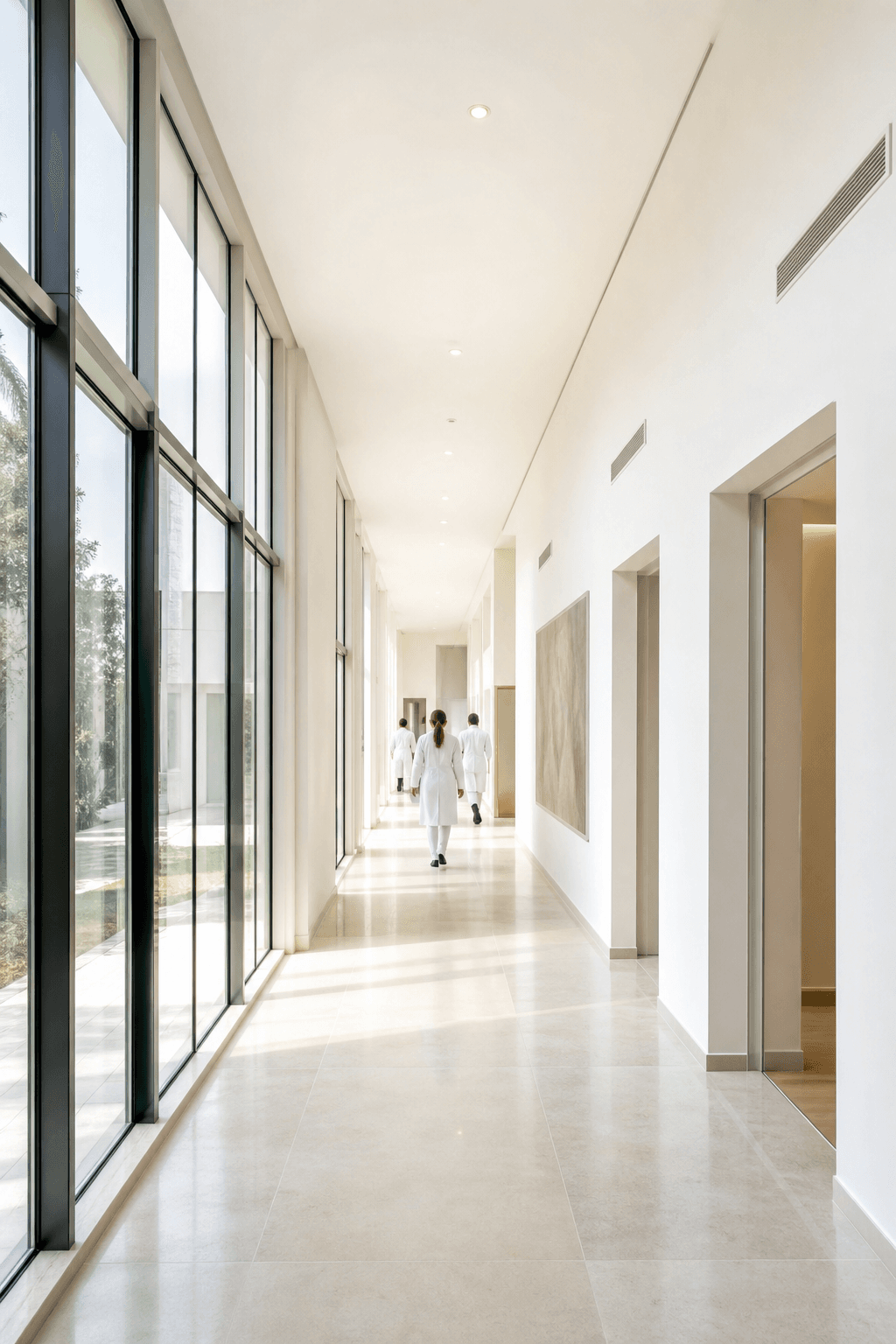 Scène illustrative dans une clinique : une équipe traverse un couloir lumineux.