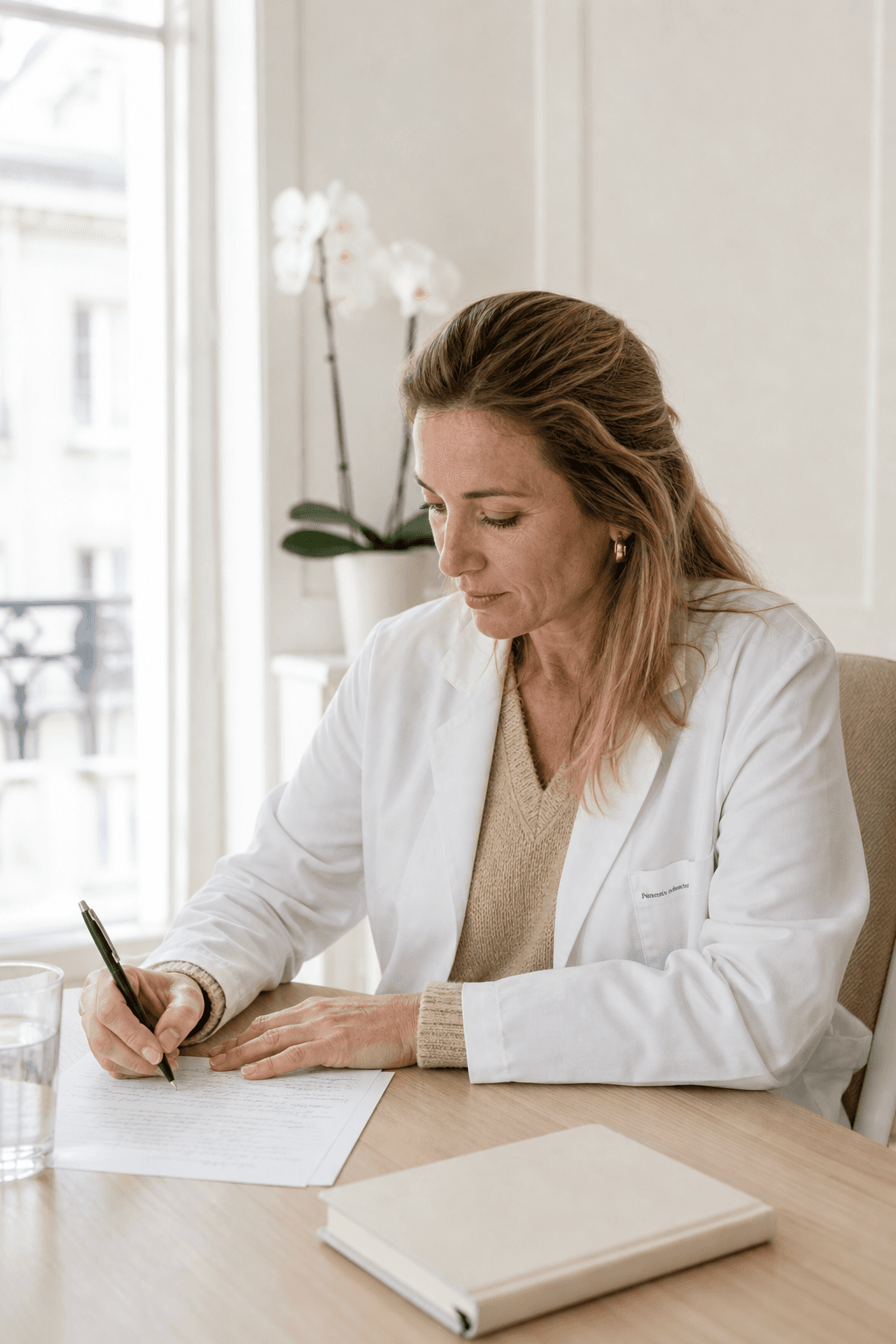 Médecin en consultation, écrivant à son bureau dans un cabinet lumineux.
